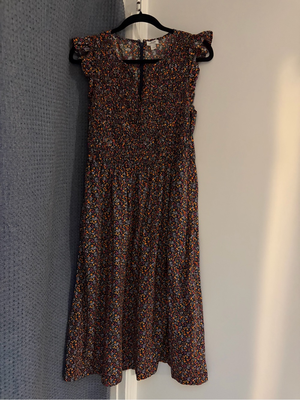 J. Crew Fall Floral Midi Dress with Smocked Bodice and Flutter Sleeves